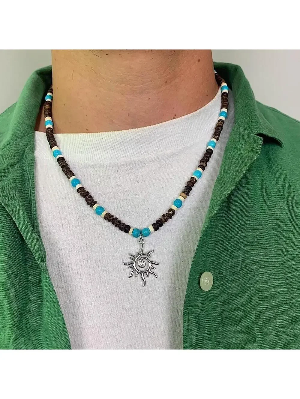 Y2k 2000s style Wood Beaded dark brown and blue mixed wood Necklace with Cyber
